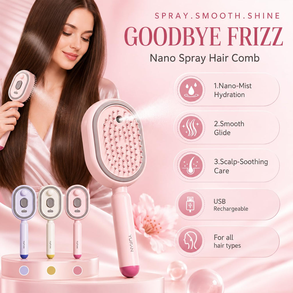 Electric Spray Air Cushion Massage Hair Brush, 2026 Electric Steaming Hair Straightener Brush, Rechargeable Detangling Steam Brushs For Hairs